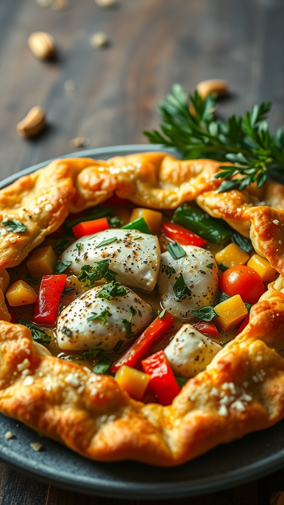A beautifully arranged vegetable-loaded fish pie with colorful vegetables and tender fish.
