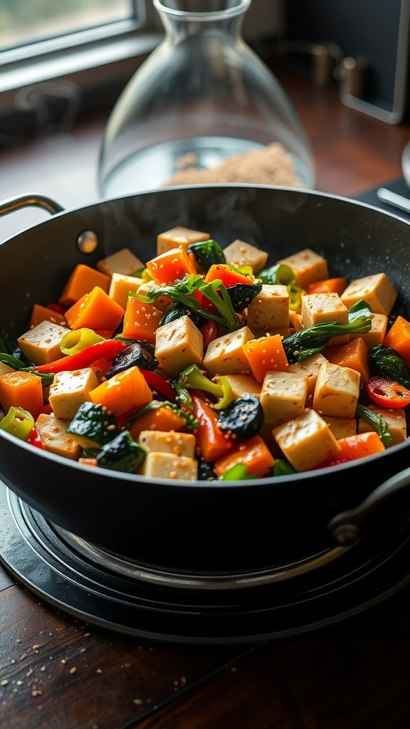 Stir-fried vegetables and tofu in a skillet with vibrant colors.