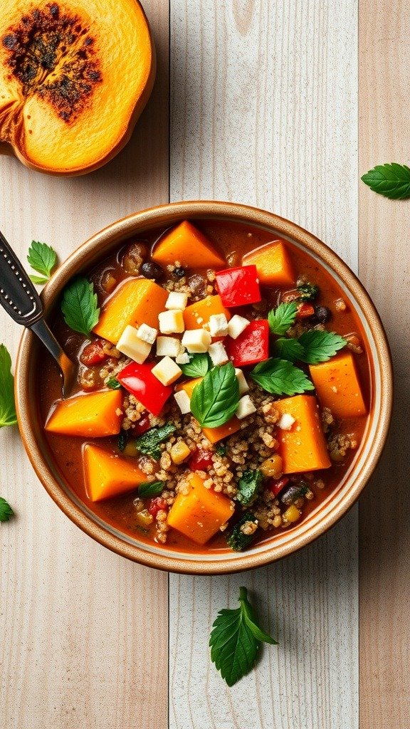 A bowl of vegetarian butternut squash chili with quinoa, garnished with fresh herbs and diced vegetables.