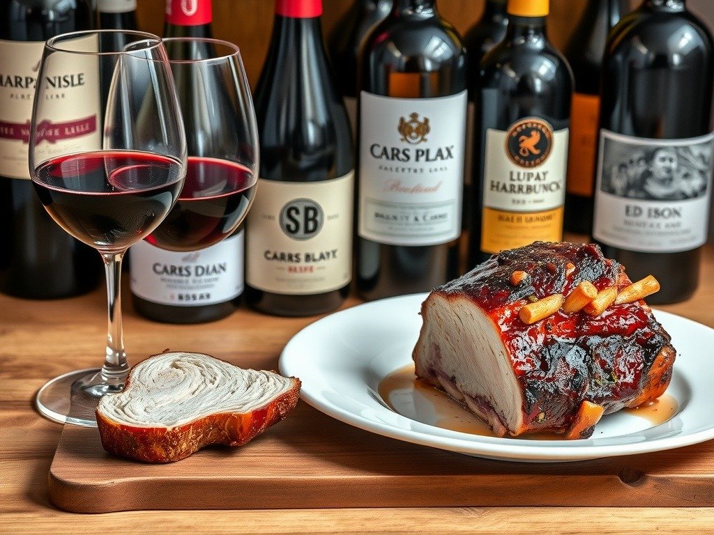 A plate of roasted pork belly with crackling, accompanied by red wine and a slice of bread.