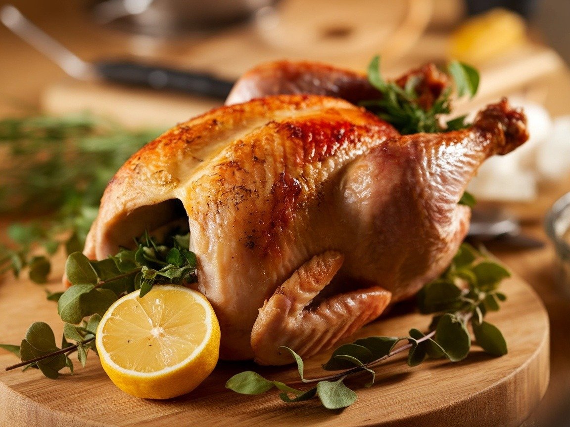 A roasted chicken stuffed with lemon and herbs on a wooden cutting board.