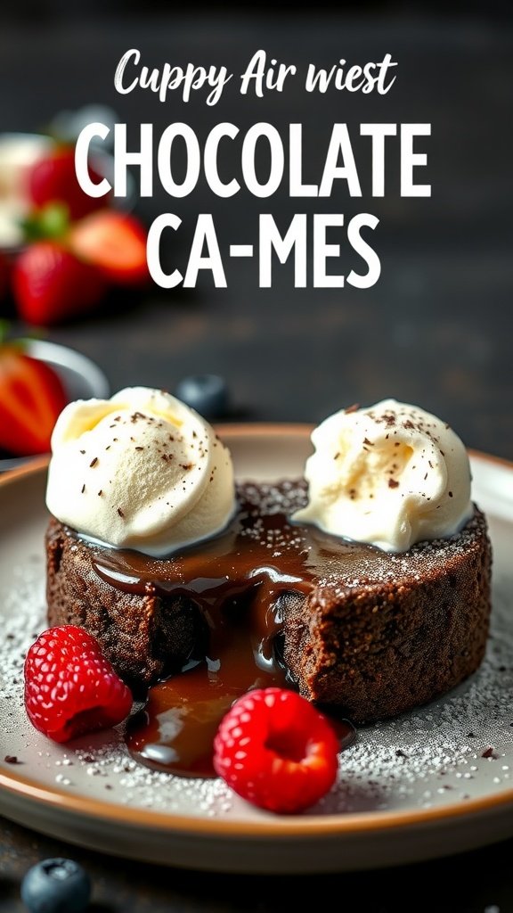 Air-fried chocolate lava cake with ice cream and fresh berries