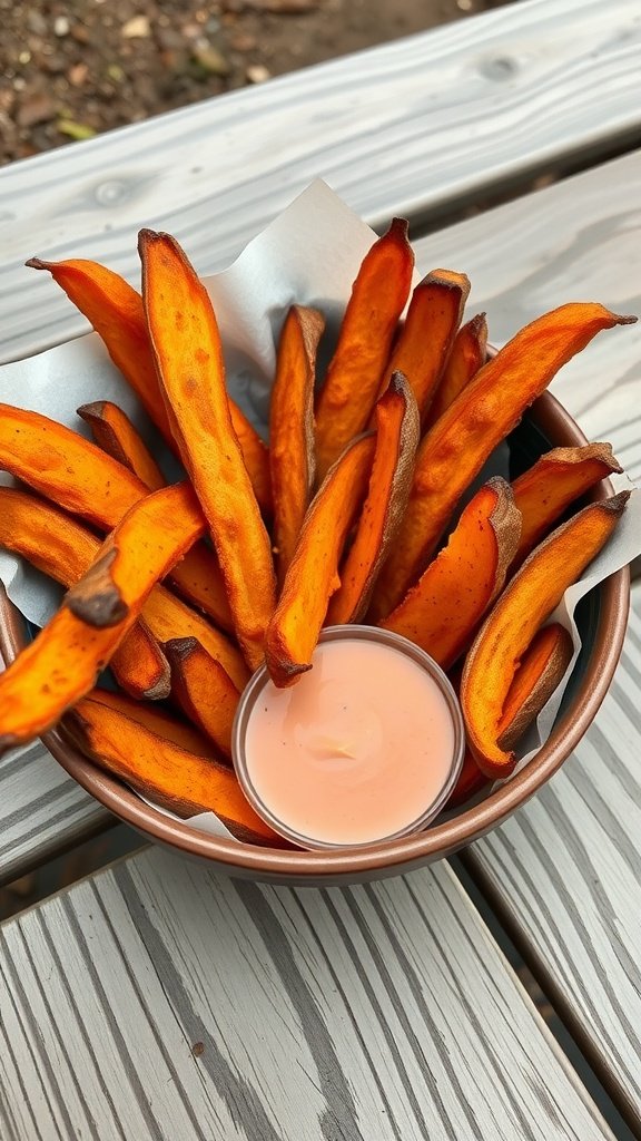 A bowl of air-fried sweet potato fries with a dipping sauce