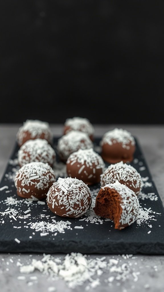 Chocolate coconut truffles on a slate serving board, with one truffle bitten into.