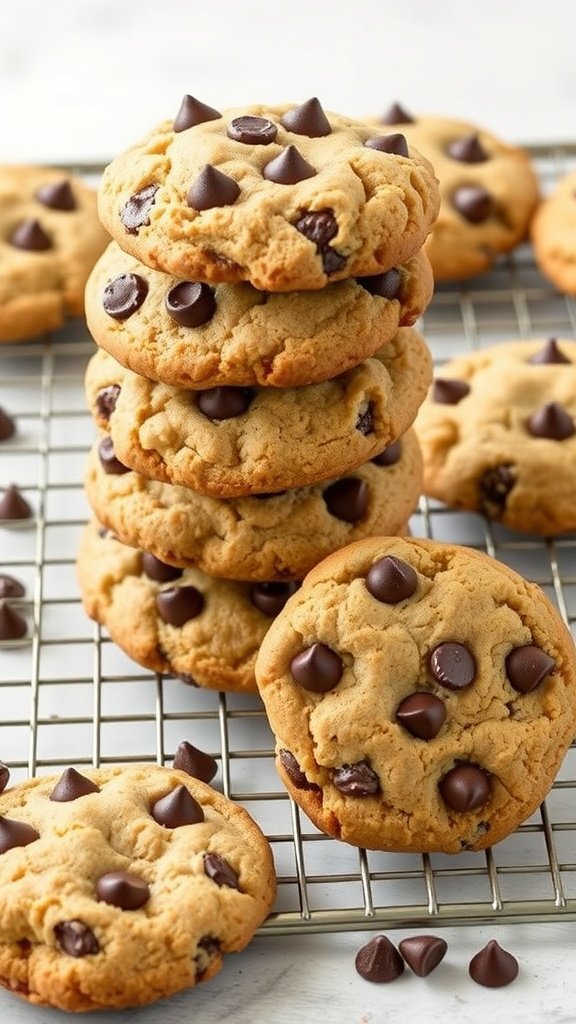 A stack of coconut flour chocolate chip cookies on a cooling rack with some cookies placed around it.