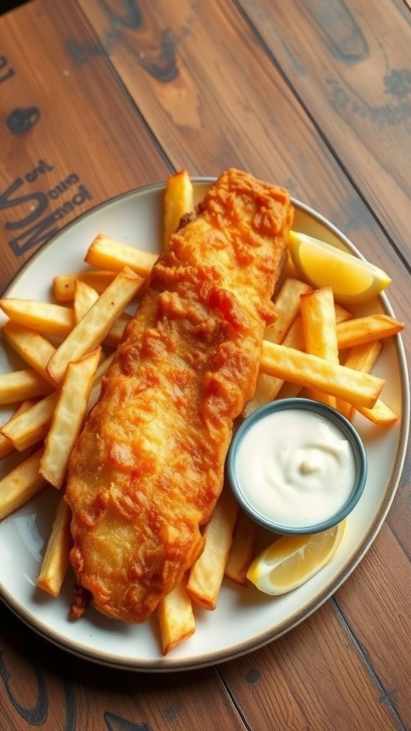 A plate of air-fried fish and chips with a side of dipping sauce and a lemon wedge.