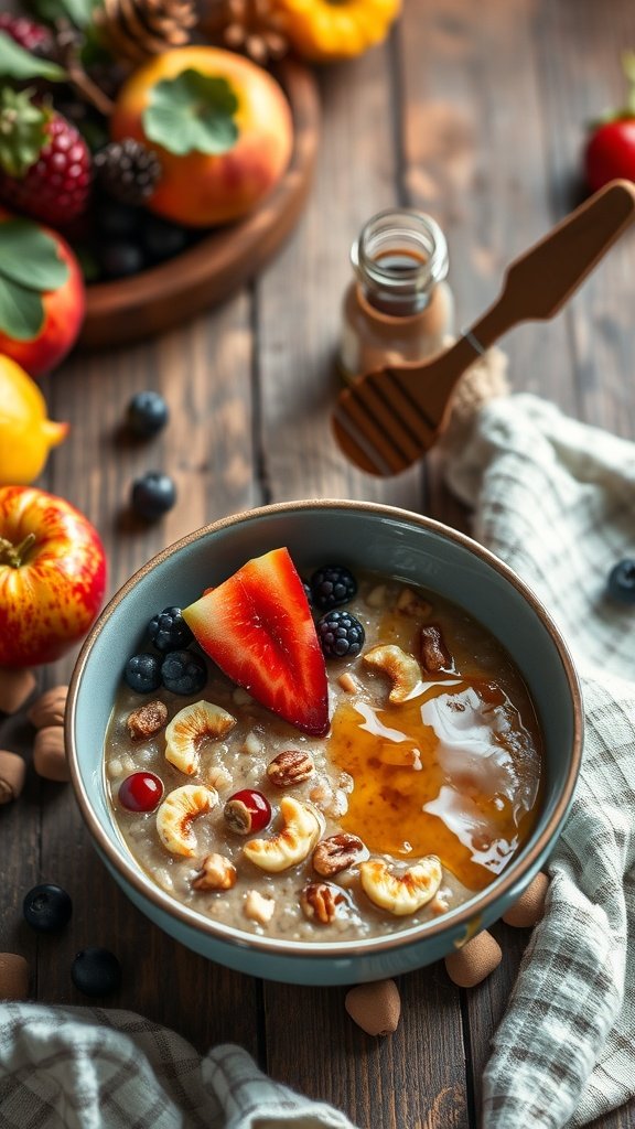 A bowl of fruit and nut porridge topped with strawberries, blueberries, and nuts, with honey drizzled on top, surrounded by fresh fruits.