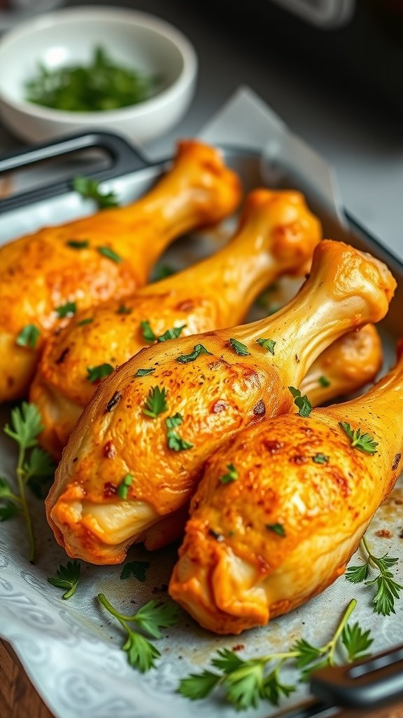 Close-up of herb-infused air-fried chicken drumsticks garnished with fresh herbs.