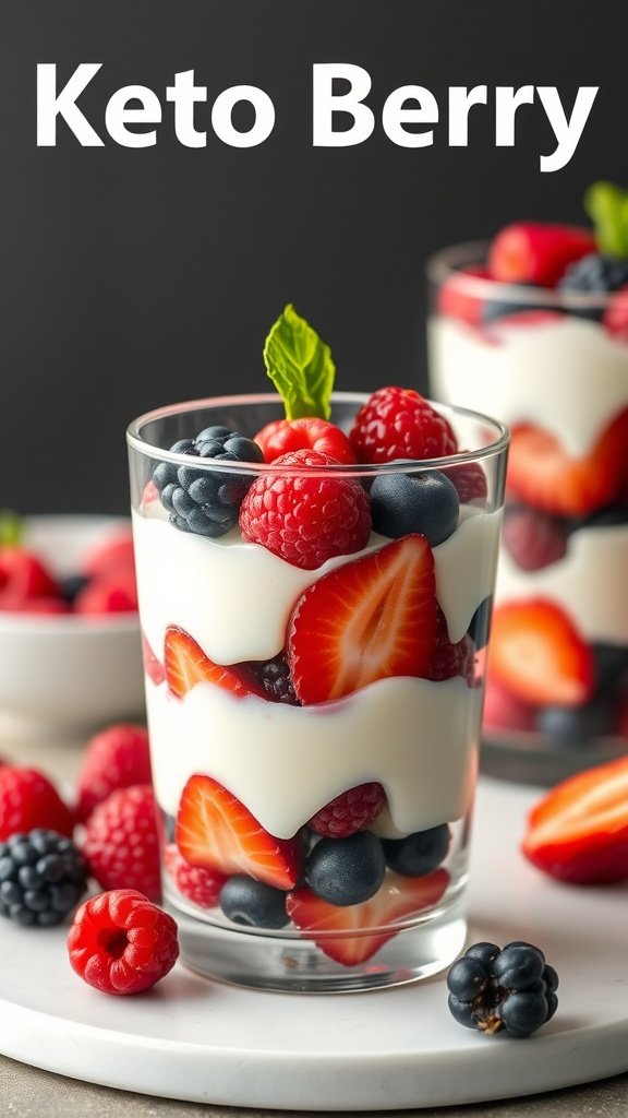 A glass of Keto Berry Parfait with layers of whipped cream and fresh berries.