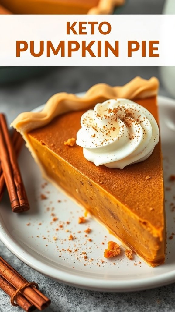 A slice of Keto Pumpkin Pie topped with whipped cream and sprinkled with cinnamon, alongside cinnamon sticks.
