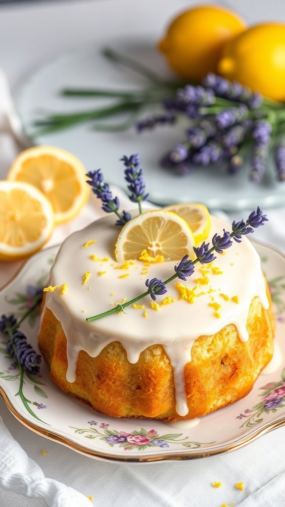 A beautifully decorated Lemon-Lavender Keto Cake topped with lemon slices and lavender sprigs, placed on a floral plate.