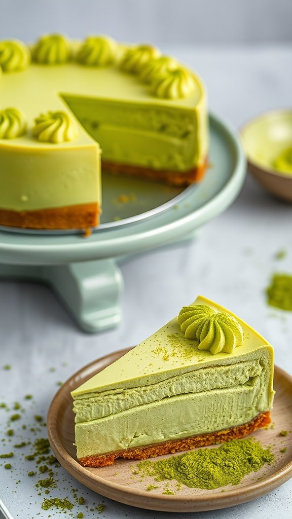 A slice of Matcha Green Tea Cheesecake on a plate, with the whole cheesecake in the background. The cheesecake has a vibrant green color and is decorated with swirls of green frosting.