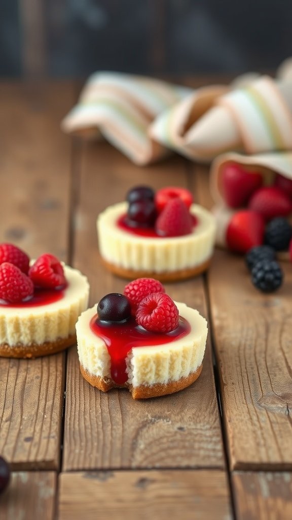 Mini almond flour cheesecakes topped with fresh berries on a wooden table
