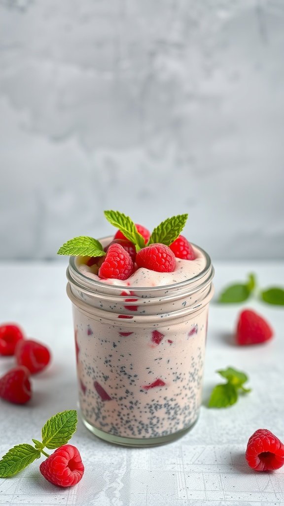 A jar of raspberry chia seed pudding topped with fresh raspberries and mint leaves on a light background.