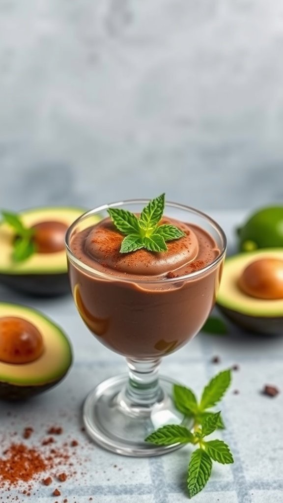 A glass of rich chocolate avocado mousse topped with fresh mint, with avocado halves in the background