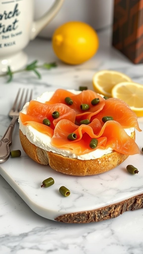 A smoked salmon and cream cheese bagel topped with capers, alongside lemon slices.