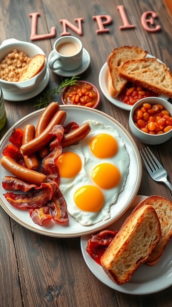 A traditional Full English Breakfast featuring eggs, bacon, sausages, baked beans, and toast.
