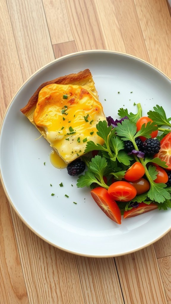 A slice of Welsh Rarebit topped with melted cheese, served with a fresh salad of cherry tomatoes, blackberries, and herbs.